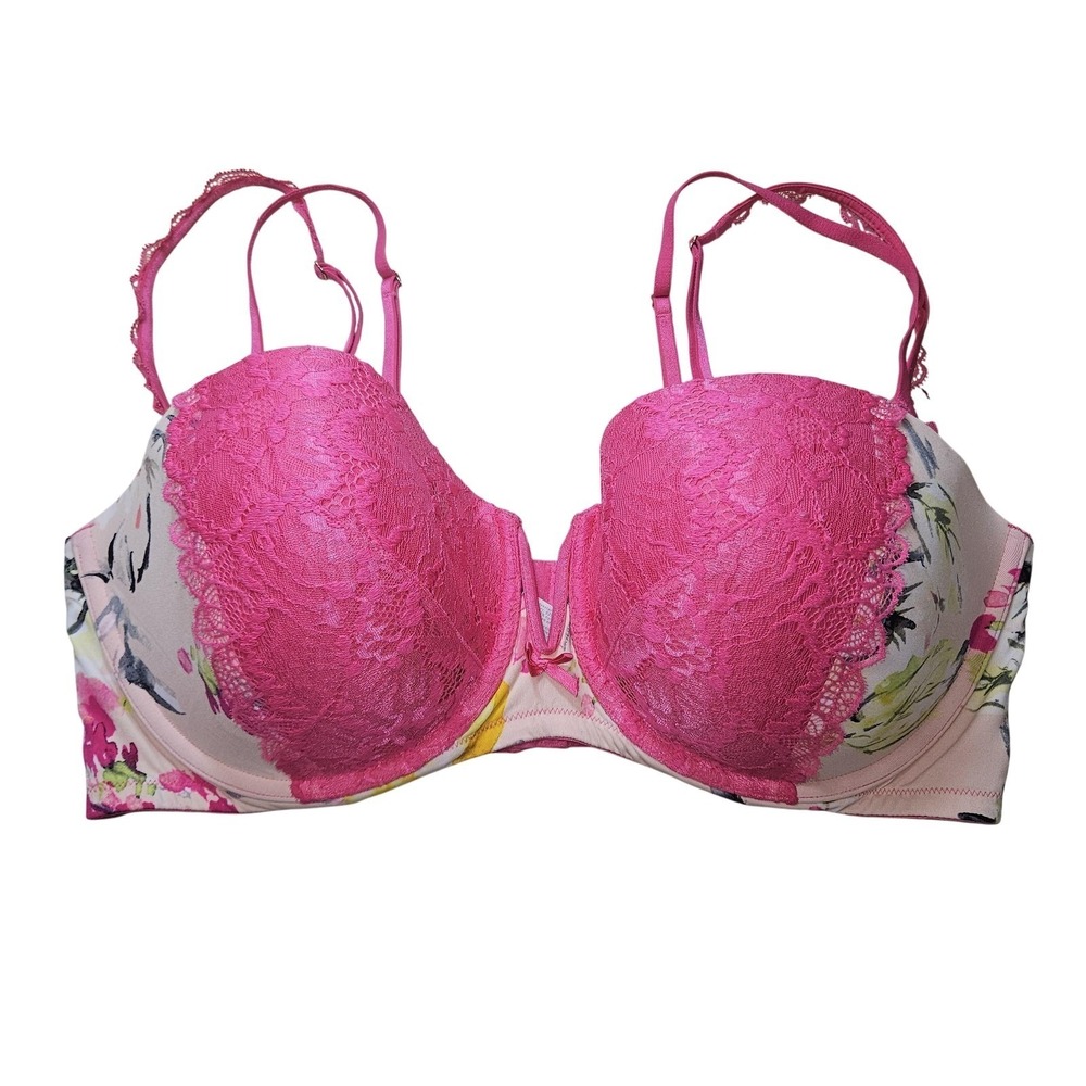 Cacique Bra Womens 42DDD Pink Floral Lace Push Up Padded Underwire Plus‎ Size